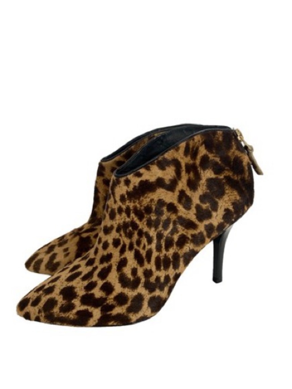 Brian Atwood calf hair leopard booties pointed toe and a stiletto heel | Sz 6.0